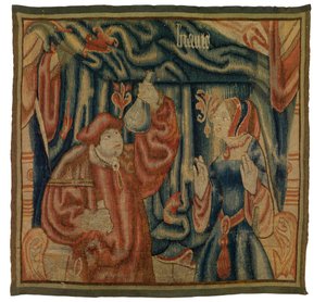 Kuvakudosfragmentti, joka kuvaa sisätilaa lääkärin ja naisen kanssa, Beaute, ranskalainen tai flaamilainen, valmistettu 1500-luvun alussa (villa)