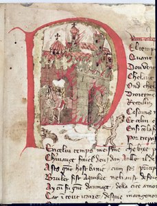 Ms Est 27 W 8.17 f.1r Historická iniciála zobrazující Attilu Huna (asi 406-453), jak pálí město Aquila z Attilovy války od Nicola da Casola od Franco Italian School