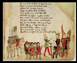 Paní Est 27 W 8.17 f.4r Attila the Hun (c.406-453) v diskusi s jedním ze svých válečníků, z The War of Attila od Nicola da Casola od Franco Italian School