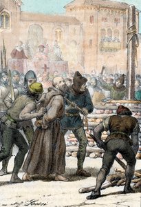 Poprava italského náboženského reformátora Arnalda da Brescia (Arnaud de Brescia) (1100-1155) dne 18. června 1155 (upálení italského kanovníka Arnolda (Arnalda) z Brescie června 1155) Rytina z „I misteri del vaticano“ od Franca Mistraliho 1861 Pří