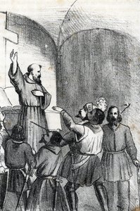 Čtvrtá Benátsko-osmanská válka: Církev vyzývající k poražení muslimů v předvečer bitvy u Lepante námořní bitva, která propukla 7. října 1571 v Patrasském zálivu v Řecku (křesťanská koalice den před bitvou u Lepanta během Osmanských Veneti od Franco Mistrali