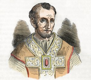 Středověk: reprezentace papeže Mikuláše I. Velikého (Nicola I, Nicholas nebo Nicolo nebo Niccolo nebo Nicolaus) (858-867) kresba z „I misteri del vaticano“ od Franca Mistraliho 1843