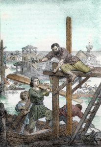 Útočiště pronásledovaná huny Attily instalují základy města Benátky, 5. století (Založení Benátek uprchlíky ulovenými barbarem z Attily, 5. století) Kresba z „I misteri del vaticano“ od Franca Mistraliho 1846