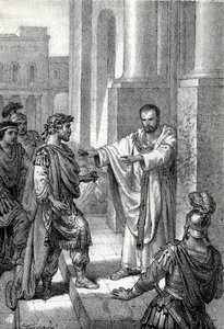Arcibiskup svatý Ambrož z Milána (Aurelius Ambrosius, Ambrogio di Milano (340-397) zakázal vstup do kostela římskému císaři Theodosiovi I. (Flavius Theodosius) (347-395), aby ho potrestal za masakr v Soluni v roce 390 - Excommunicati od Franco Mistrali