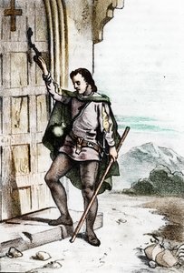 Mladý Jerome Savonarole (Girolamo Savonarola) (1452-1498) klepající na dveře dominikánského kláštera Santo Domenico v Bologni v roce 1475 (Girolamo Savonarola jako mladý muž zaklepal na dveře kláštera San Domenico, řádu Bratři od Franco Mistrali