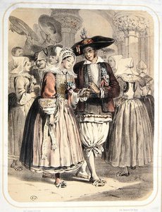 Nevěsta a ženich z regionu Saille, Francie, kolem roku 1850 (barevné lito)