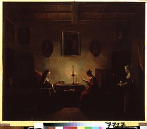 ""Interiér"" Scéna v klášteře, mladá dívka si čte při svíčkách, v místnosti jsou dvě jeptišky. Obraz Francoise Mariuse Graneta (1775-1849) Puškinovo muzeum z 19. století, Moskva od Francois Marius Granet