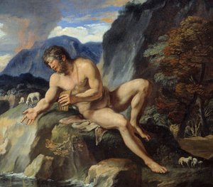 Kyklop Polypheme s Panovou flétnou, detail „“Acis a Galatee“““ Nymfu Galatee a Acis pozoruje Cyclops Polypheme a žárlí na jejich idylickou lásku. Podle Ovidiových „Metamorfóz“. Obraz Francoise Perriera (1590-1650) 17. st