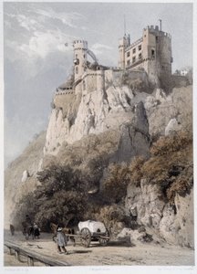 zámek Rheinstein. V "" Monumentální a malebný Rýn"". Litografie od Fourmaise a Stroobanta