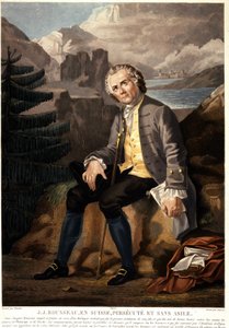 Jean Jacques Rousseau ve Švýcarsku, pronásledovaný a bez azylu. Akvatinta od Charon d