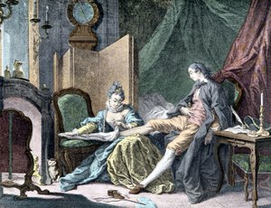 La Courtesan amoureuse: Žena odstraňující spodek muže - rytina ap. Řezník