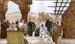 Pierre Abelard nebo Abailard (1079-1142), francouzský filozof a teolog a jeho škola na hoře Sainte Genevieve. Z fresky Francoise Flamenga.
