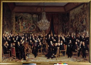 Večer v Louvru s hrabětem Nieuwerkerke Mezi dárky: Francois Marcellin Certain de Canrobert (1809-1895), Eugene Delacroix (1798-1863), Camille Doucet (1812-1895), Jacques Fromental Levy dit Halevy (1799-1862) , baron Georges Haussmann ( od François Auguste Biard