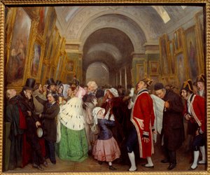 Čtyři hodiny při uzavření salonu každoroční malířské přehlídky v Grande Galerie du Louvre. Obraz Francoise Auguste Biarda (1798-1882) 1847 Ne. 0,57x0,67 m