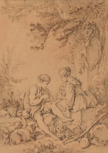 Mladý pastýř hrající na píšťalu dvěma mladým pastýřkám od François Boucher