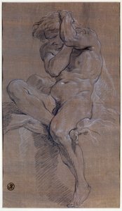 Akademie sedícího nahého muže Kresba červenou krví od Francoise Bouchera (1703-1770) Paříž 18. století, muzeum Louvre od François Boucher