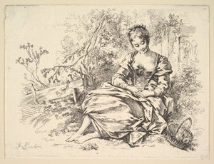 Dívka v krajině s košíkem květin od François Boucher