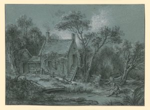 Dům se schodištěm mezi stromy, před ním rybář od François Boucher