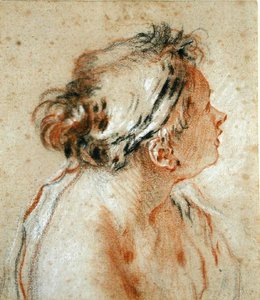 Hlava nymfy (černá, bílá a červená křída na světle hnědém papíře) od François Boucher