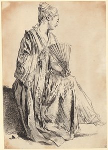Mladá žena sedící a hrající si s vějířem od François Boucher