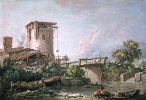 Krajina s věží a mostem od François Boucher