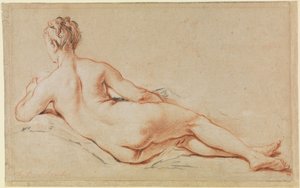 Ležící ženský akt, opírající se o levou paži, pohled zezadu od François Boucher