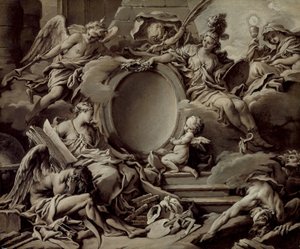 Návrh kartuše: Alegorie Minervy, Slávy, Historie a Víry, které přemáhají nevědomost a čas od François Boucher