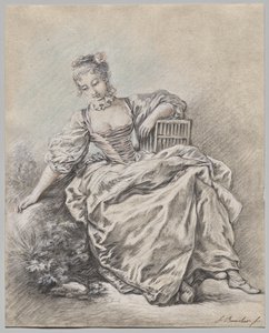 Sedící žena držící ptačí klec od François Boucher