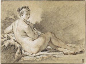 Studium ženského aktu - Francois Boucher (1703-1770). Sangvinik, černá a bílá křída na papíře