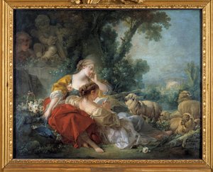 Škola přátelství Scene bucolique: dva pastýři a stádo. Obraz Francoise Bouchera (1703-1770) 1760 Karlsruhe. Staatliche Kunsthalle od François Boucher