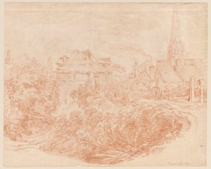 Pohled na venkovské budovy a kostelní věž od François Boucher