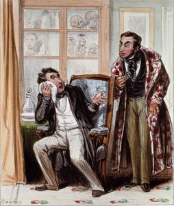 Zubní lékař. Kreslený příběh pacienta se zubním kazem, který přišel na konzultaci k zubaři. Rytina od Bouchota, kolem roku 1830. Paříž, Musee Carnavalet.