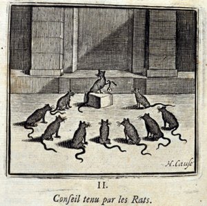 Rada držená Krysami. Bajky Jean de La Fontaine (1621-95). Ilustrace Francois Chauveau (1613-1676). Vydání z roku 1728. od Francois Chauveau
