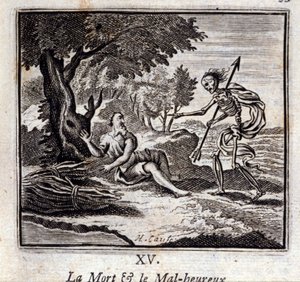 Smrt a nešťastní. Bajky Jean de La Fontaine (1621-95). Ilustrace Francois Chauveau (1613-1676). Vydání z roku 1728. od Francois Chauveau