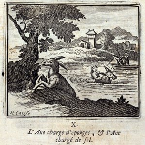 Oslí spousty houbiček a oslí spousty soli. Bajky Jean de La Fontaine (1621-95). Ilustrace François Chauveau (1613-1676). Vydání z roku 1728. od Francois Chauveau