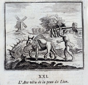 Osel na sobě kůži lva. Bajky Jean de La Fontaine (1621-95). Ilustrace François Chauveau (1613-1676). Vydání z roku 1728. od Francois Chauveau