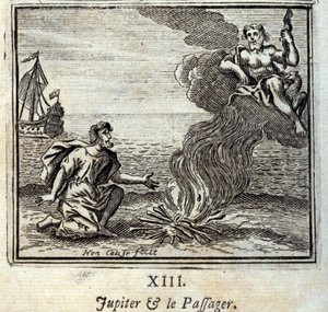 Jupiter a cestující. Bajky Jean de La Fontaine (1621-95). Ilustrace Francois Chauveau (1613-1676). Vydání z roku 1728. od Francois Chauveau