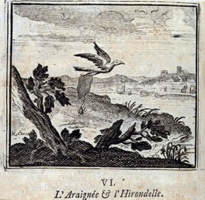Pavouk a vlaštovka.Bajky Jean de La Fontaine (1621-95). Ilustrace François Chauveau (1613-1676). Vydání z roku 1728. od Francois Chauveau