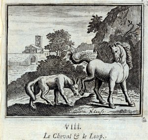 Kůň a vlk Bajky Jean de La Fontaine (1621-95). Ilustrace François Chauveau (1613-1676). Vydání z roku 1728. od Francois Chauveau