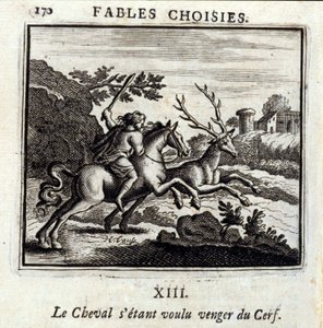 Kůň se chtěl pomstít za Jelena. Bajky Jean de La Fontaine (1621-95). Ilustrace Francois Chauveau (1613-1676). Vydání z roku 1728. od Francois Chauveau