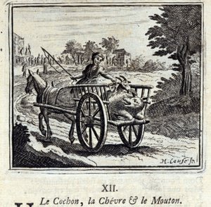 Pohádky o prase, koze a svině. Jean de La Fontaine (1621-95). Ilustrace Francois Chauveau (1613-1676). Vydání z roku 1728. od Francois Chauveau