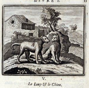Vlk a pes Bajky Jean de La Fontaine (1621-95). Ilustrace Francois Chauveau (1613-1676). Vydání z roku 1728. od Francois Chauveau