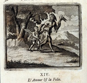 Láska a šílenství. Bajky Jean de La Fontaine (1621-95). Ilustrace François Chauveau (1613-1676). Vydání z roku 1728.