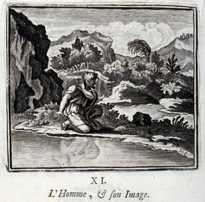 Člověk a jeho obraz. Bajky Jean de La Fontaine (1621-95). Ilustrace Francois Chauveau (1613-1676). Vydání z roku 1728. od Francois Chauveau