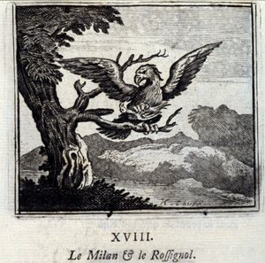 Milan a Slavík. Bajky Jean de La Fontaine (1621-95). Ilustrace Francois Chauveau (1613-1676). Vydání z roku 1728. od Francois Chauveau