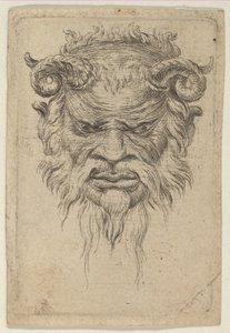 Satyrská maska se stočenými rohy při pohledu dolů, od Divers Masques, ca. 1635-45. od Francois Chauveau