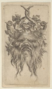 Satyrská maska se zahnutými rohy a břečťanovým věncem, od Divers Masques, ca. 1635-45. od Francois Chauveau