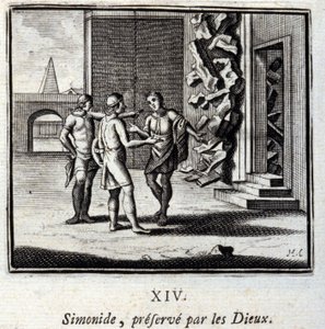 Simonides zachovali bohové. Bajky Jean de La Fontaine (1621-95). Ilustrace Francois Chauveau (1613-1676). Vydání z roku 1728. od Francois Chauveau