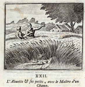 Alouette a jeho děti s mistrem pole. Bajky Jean de La Fontaine (1621-95). Ilustrace François Chauveau (1613-1676). Vydání z roku 1728. od Francois Chauveau