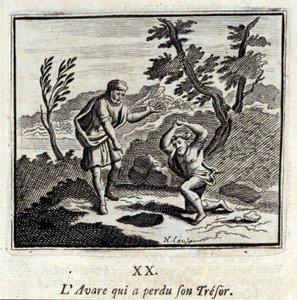 Avare, který ztratil svůj tresor. Bajky Jean de La Fontaine (1621-95). Ilustrace François Chauveau (1613-1676). Vydání z roku 1728. od Francois Chauveau